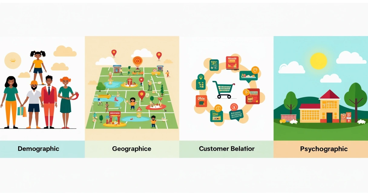 Ilustração de quatro segmentos de segmentação de clientes: demografia, geografia, comportamento e psicografia.