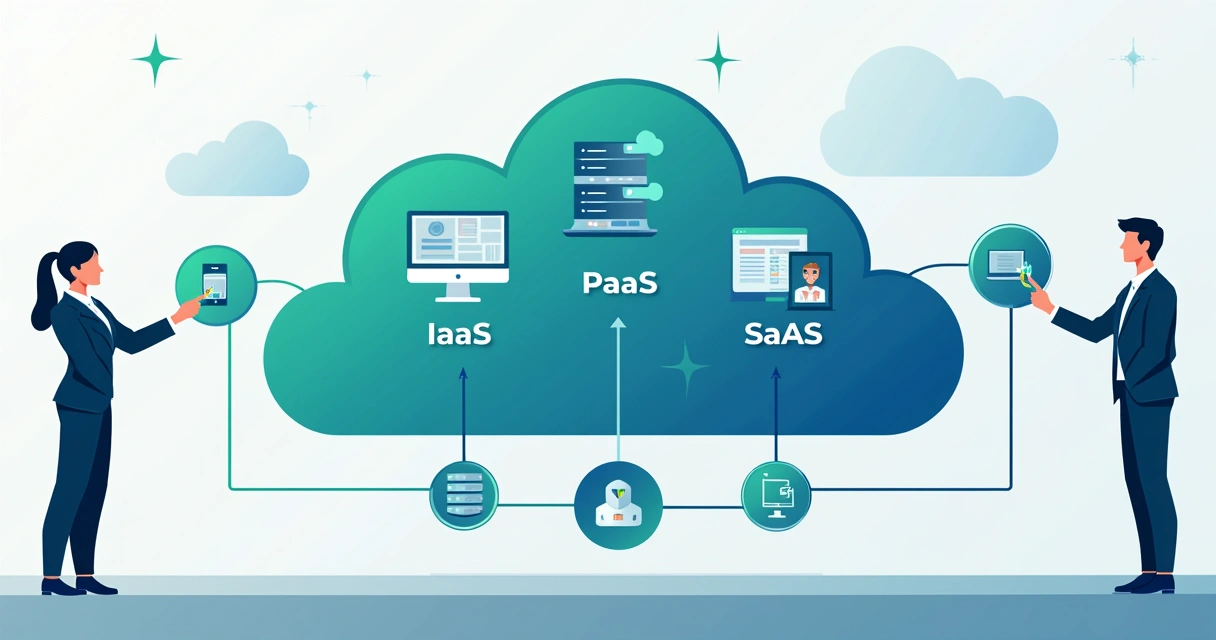 Ilustração mostrando IaaS, PaaS e SaaS em um esquema visual 