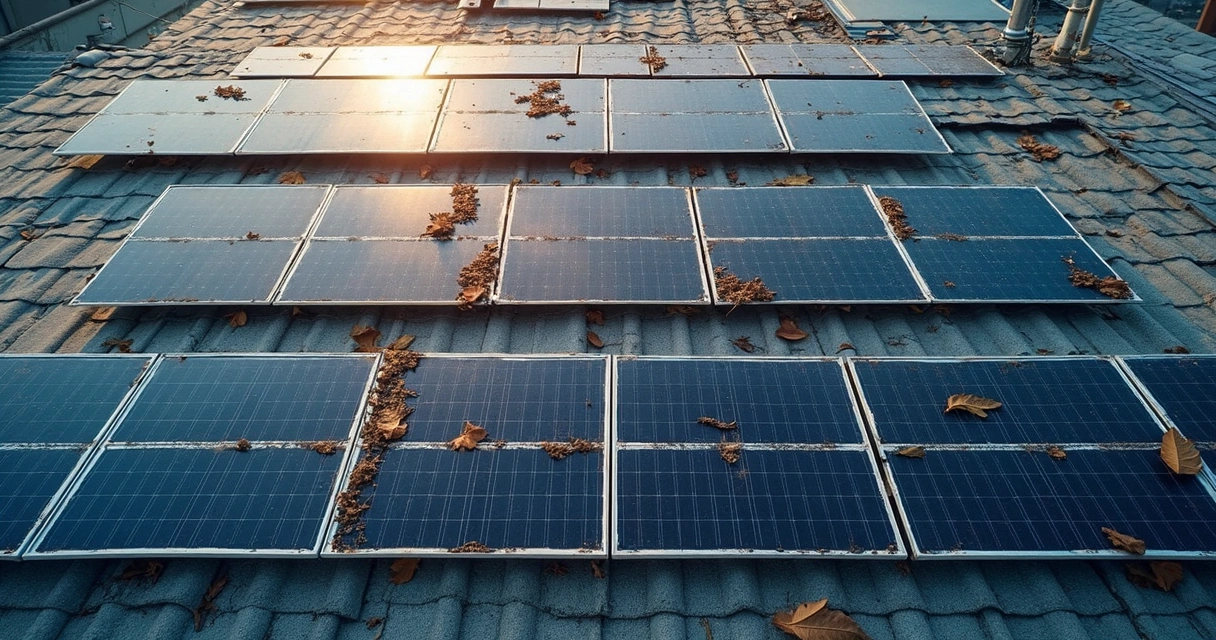 Placa solar com diferentes tipos de sujeira, como poeira, folhas e fezes de pássaro.