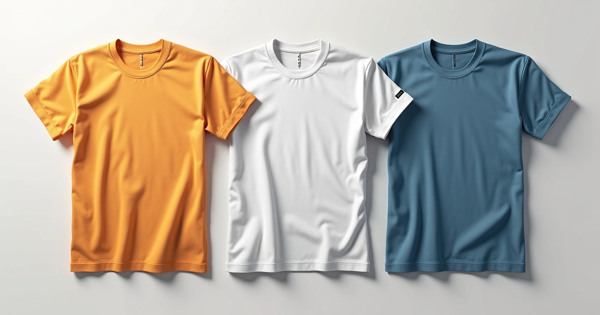 Três tipos de camisetas em algodão, poliéster e PV lado a lado 