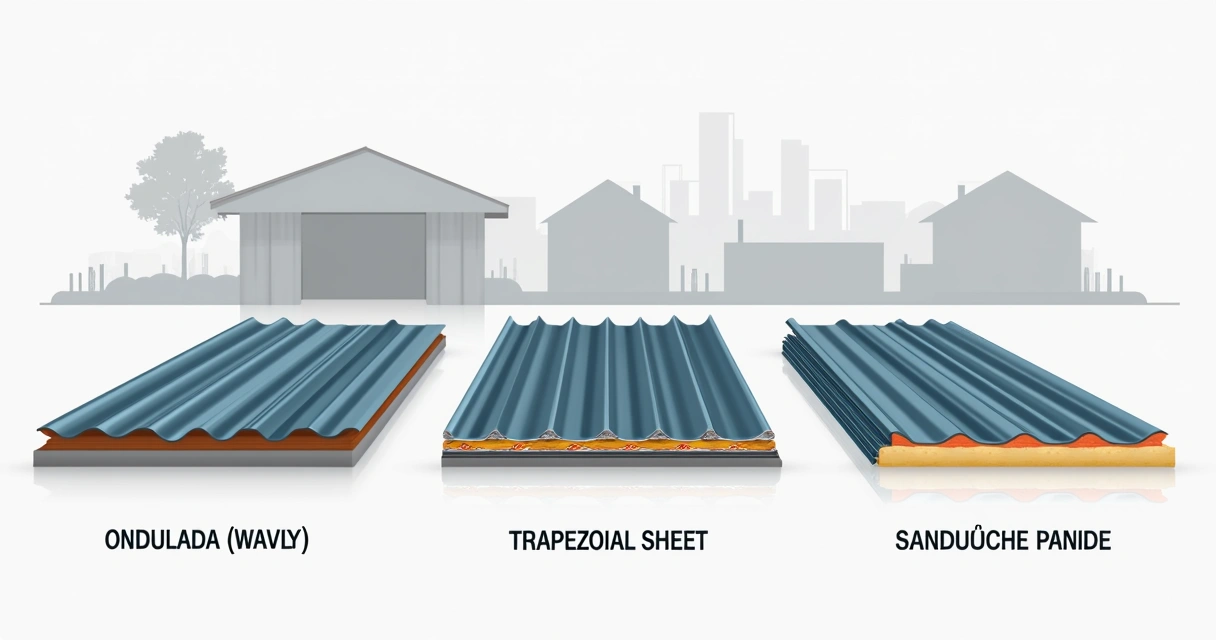 Diferentes tipos de telhas metálicas em exposição 