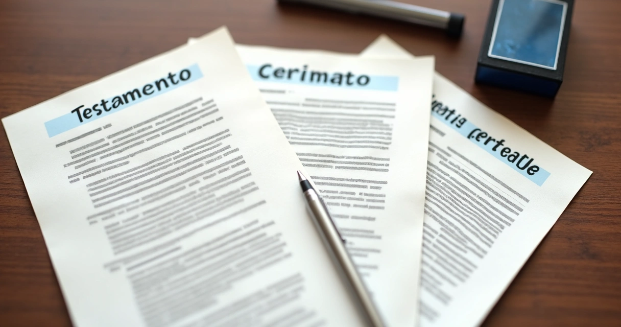 Três documentos sobre mesa, representando diferentes tipos de testamento segundo o Código Civil brasileiro. 