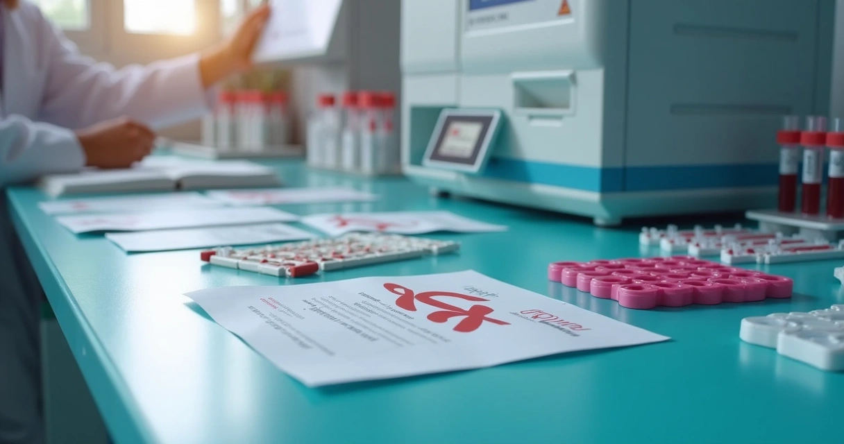 Materiais de laboratório ao lado de teste rápido de HIV