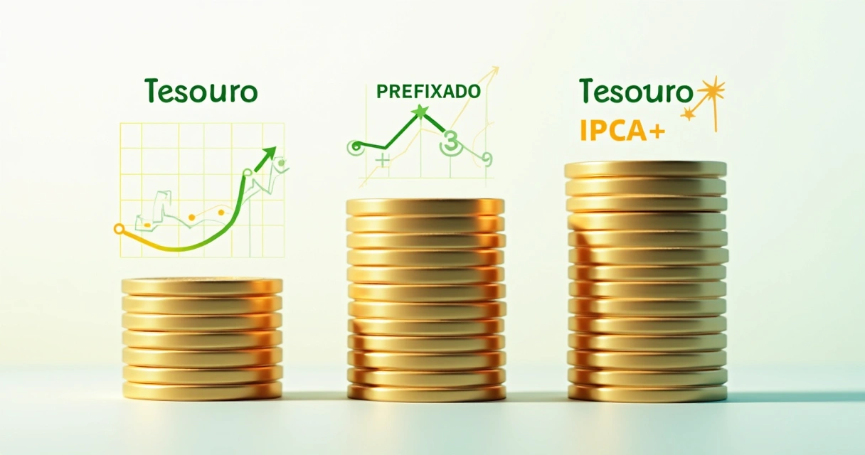 Comparação visual dos tipos de títulos públicos, Selic, Prefixado e IPCA+, lado a lado com gráficos representando cada rendimento 