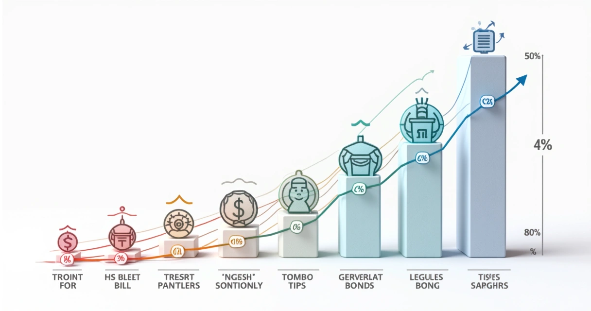 Gráfico ilustrando diferentes tipos de títulos do tesouro americano com ícones representando TBills, TNotes, TBonds, TIPS, corporate bonds e CDs. 