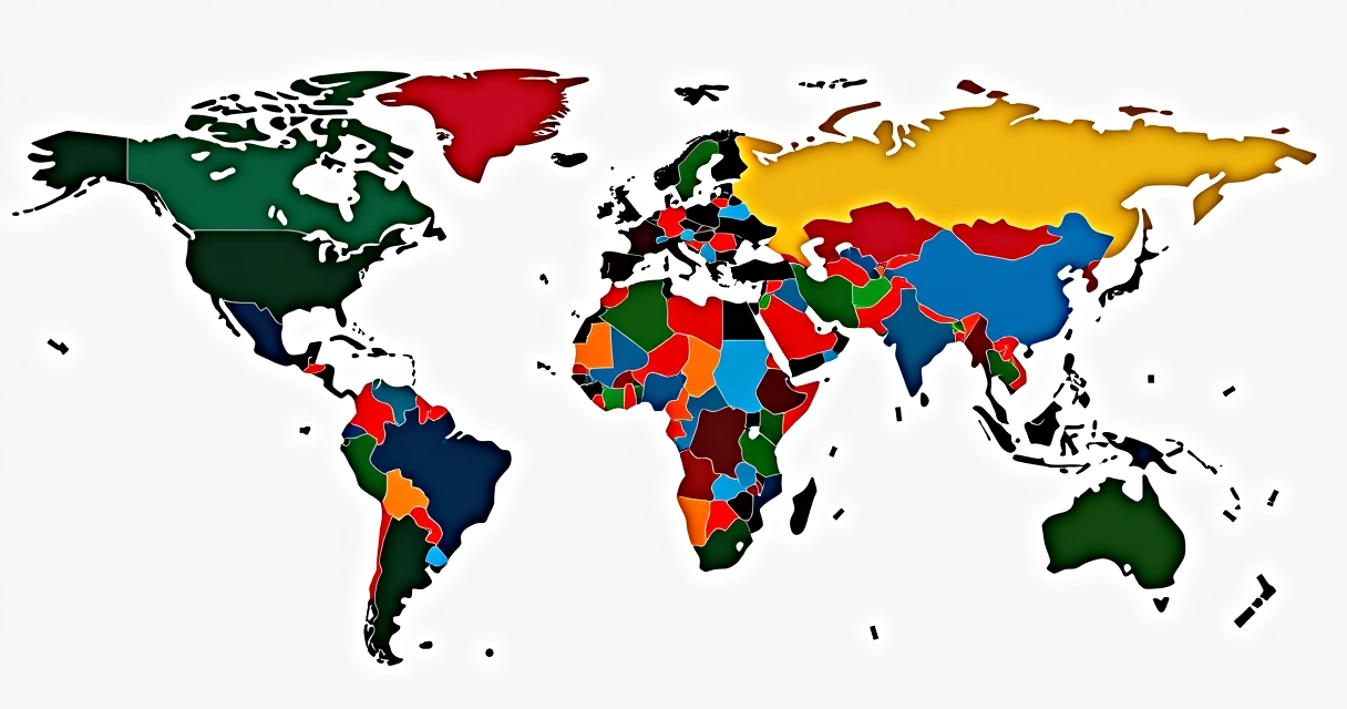 Mapa com as principais extensões de domínio de países destacados e bandeiras ilustradas. 
