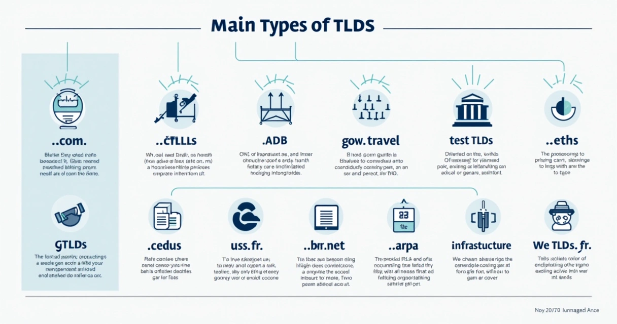 Tipos de TLDs com exemplos como .com, .br, .org em destaque 