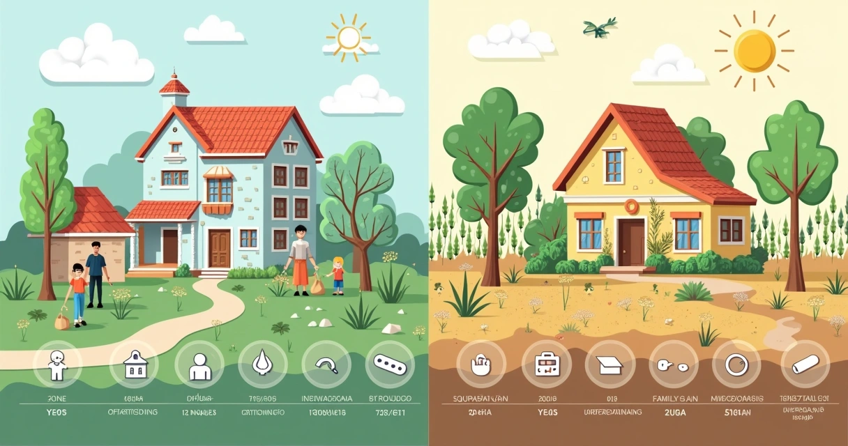 Ilustração comparando os tipos de usucapião e seus prazos em cenários urbano e rural