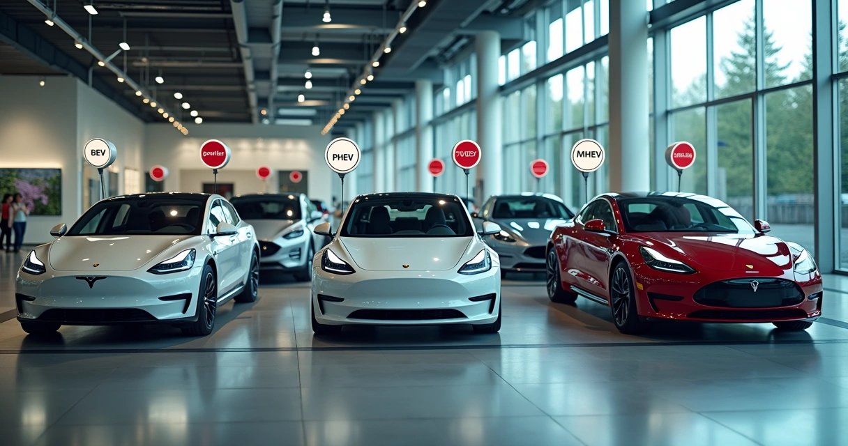 Diferentes tipos de carros elétricos e híbridos lado a lado