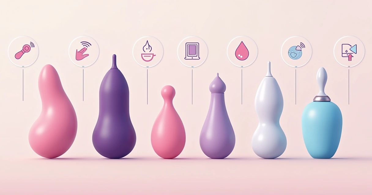 Ilustração corporativa mostrando diferentes tipos de vibradores coloridos em fundo claro 