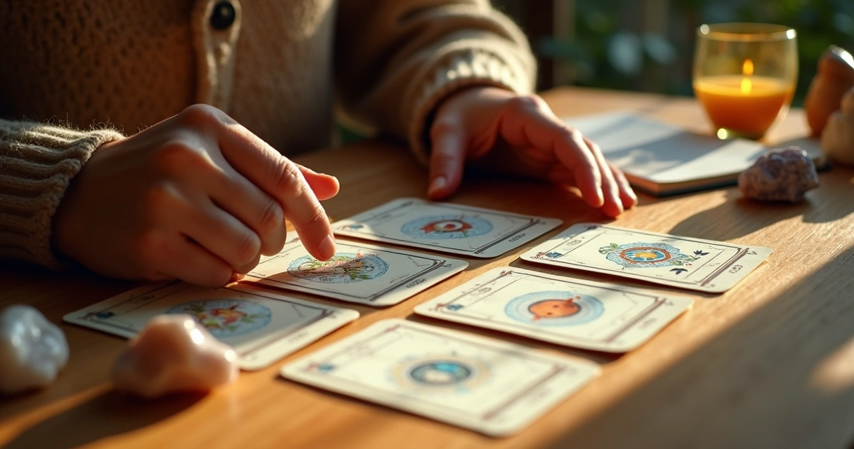 Mesa com cartas do baralho cigano dispostas em formato de tiragem pessoal 