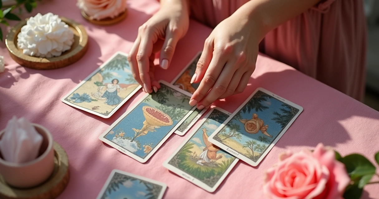 Tiragem de cartas de baralho cigano com foco em relacionamento, mãos femininas sobre as cartas 