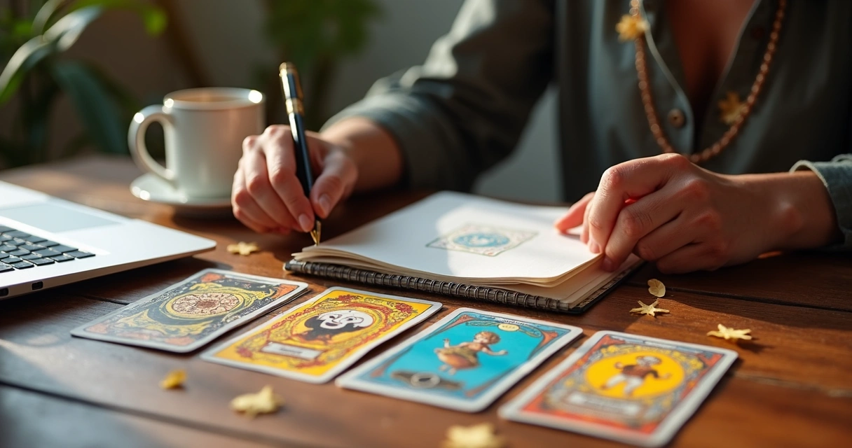 Cartas de baralho cigano abertas sobre uma mesa discreta, com objetos de papelaria ao redor 