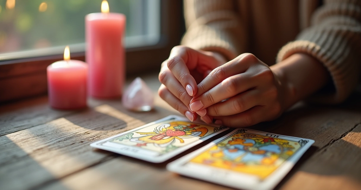 Tiragem de cartas de tarot amoroso e mãos femininas embaralhando as cartas 