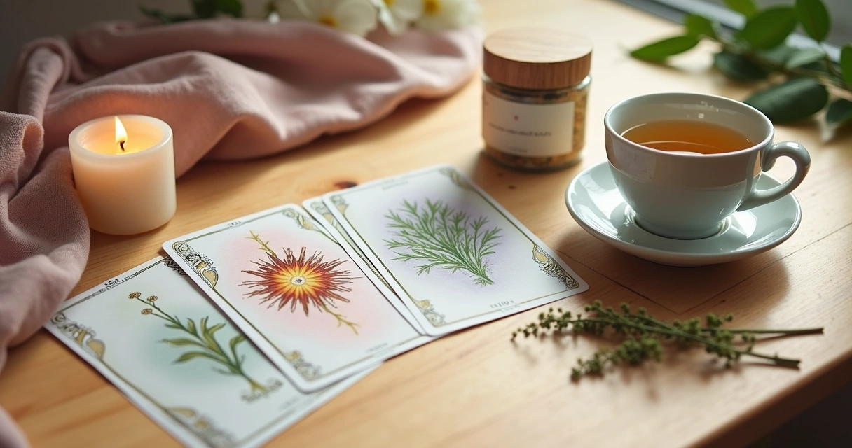 Três cartas de tarot dispostas em mesa de madeira clara, com objetos delicados de autocuidado ao redor 