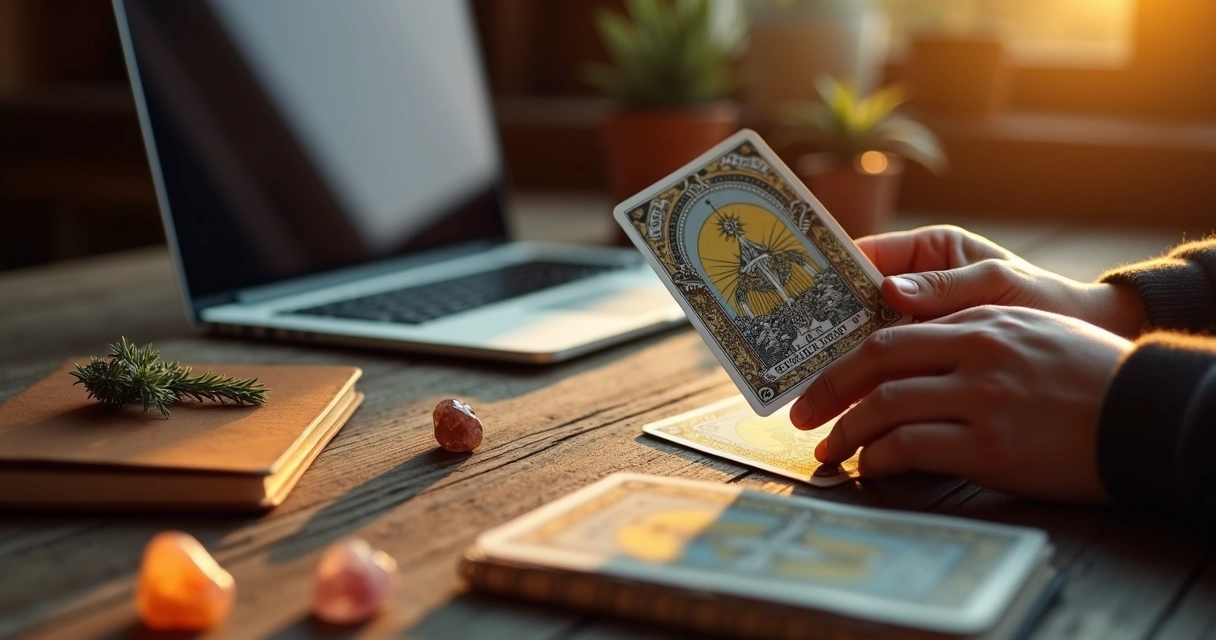 Mãos embaralhando cartas de tarot com notebook ao fundo 