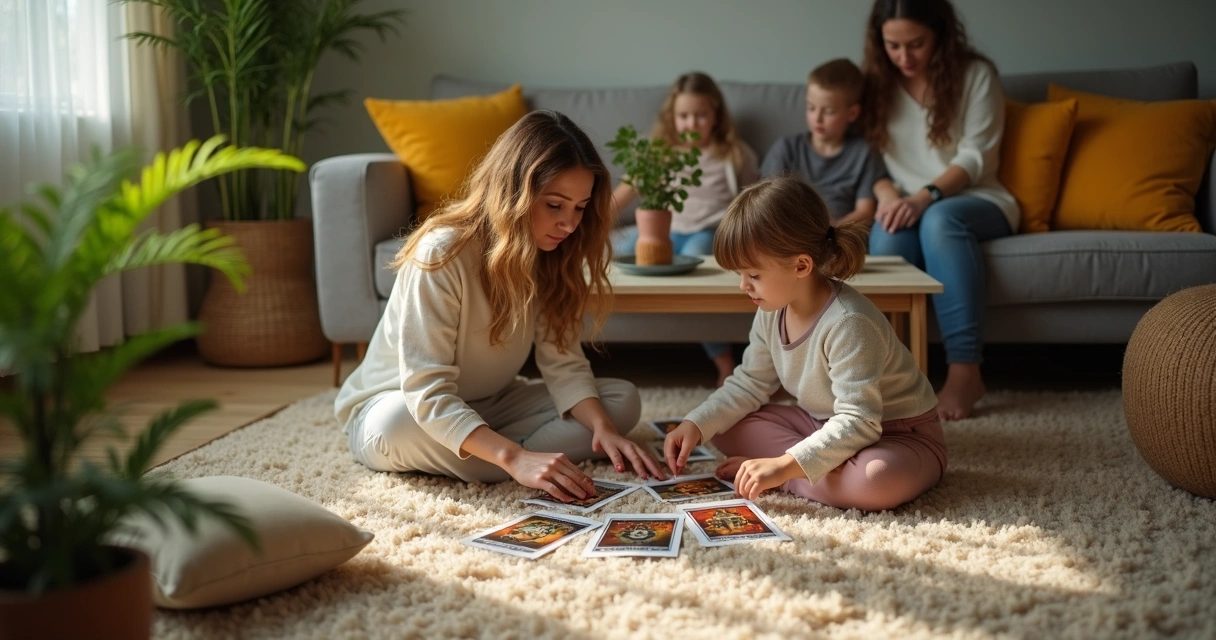Tiragem de cartas de tarot na sala de casa 