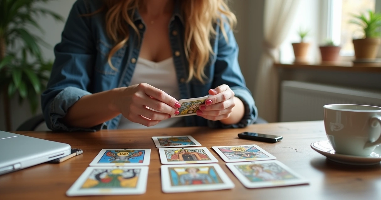 Cartas de Tarot distribuídas sobre uma mesa ao lado de objetos de trabalho 