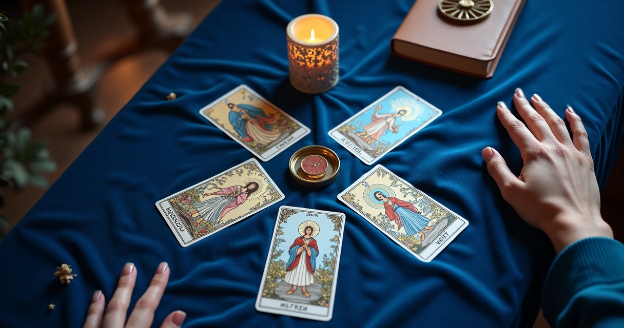 Quatro cartas de tarot dispostas em forma de losango sobre toalha azul