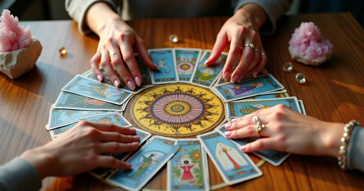 Cartas de tarot dispostas em círculo formando uma mandala com mãos femininas ao redor 