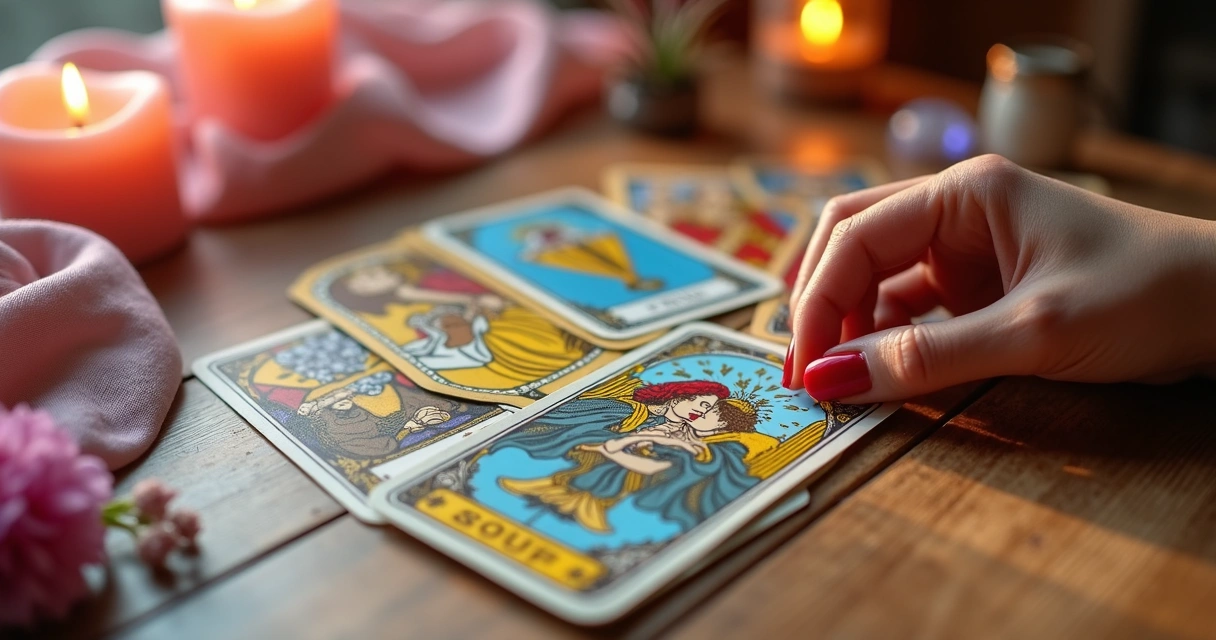 Mesa de tarot com cartas relacionadas ao amor 