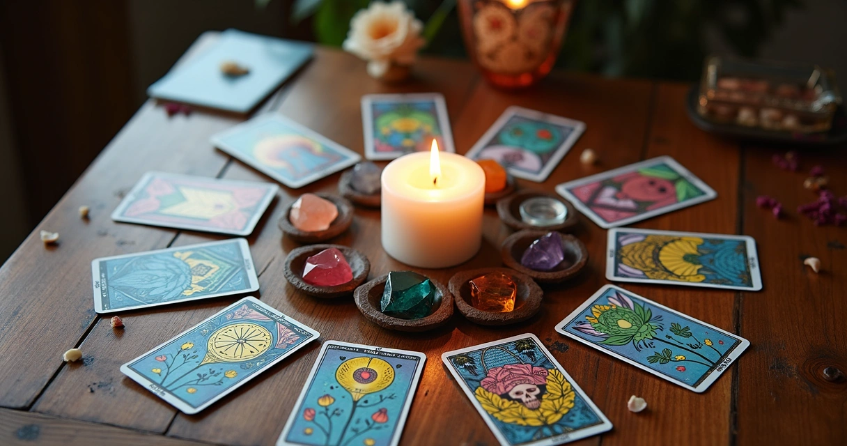 Cartas de tarot coloridas dispostas em círculo sobre uma mesa 