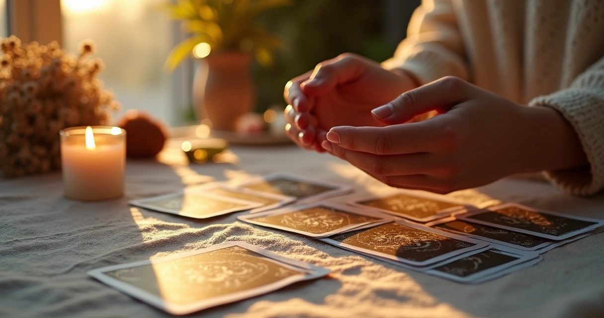 Baralho de tarot disposto em mesa clara com vela acesa ao lado 