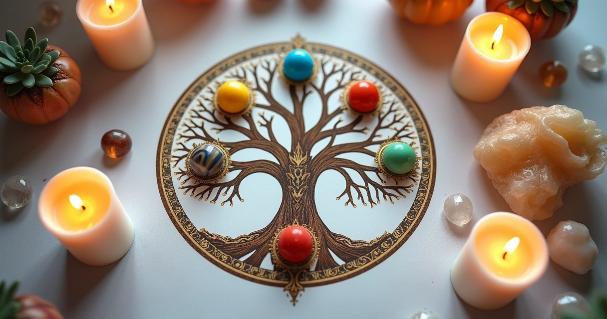 Tiragem de Tarot com cartas sobre um diagrama da Árvore da Vida 