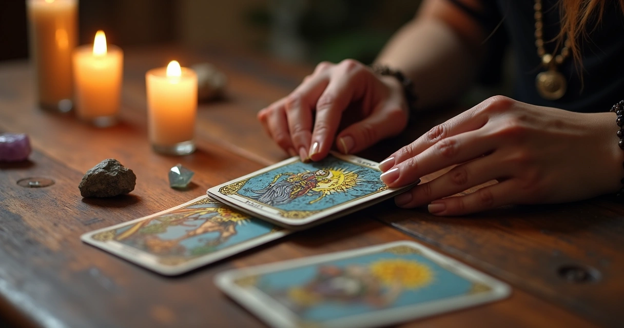 Cartas de tarot sendo embaralhadas por mãos femininas ao lado de cristais e velas 