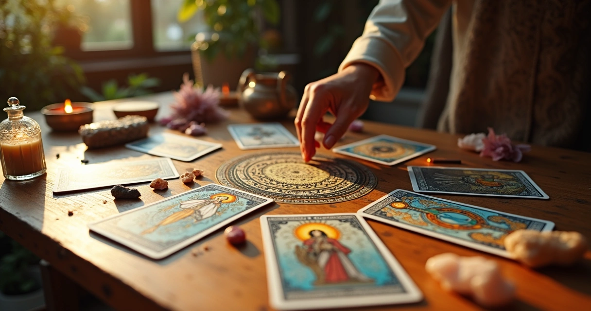 Cartas de tarot dispostas em forma de cruz celta ou mandala em uma mesa de madeira clara, ambiente iluminado e acolhedor 