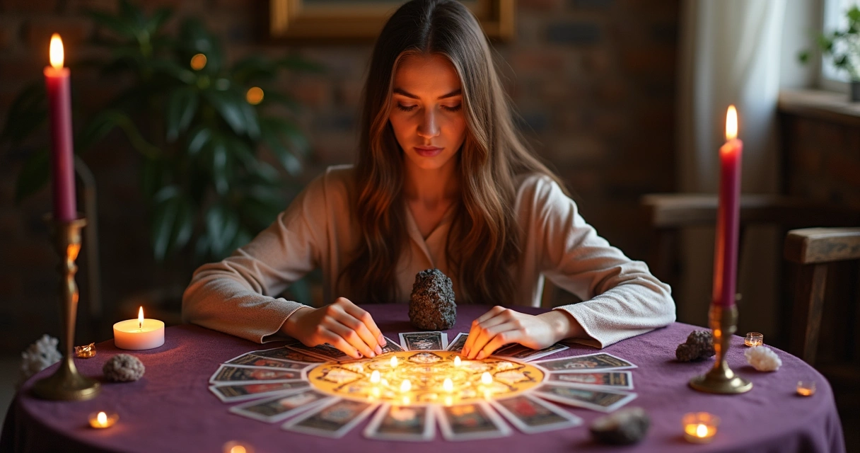Jovem segurando cartas de tarot em círculo com luz dourada ao redor