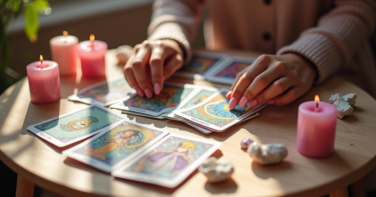 Mesa de tarot disposta com cartas e mãos femininas embaralhando as cartas 