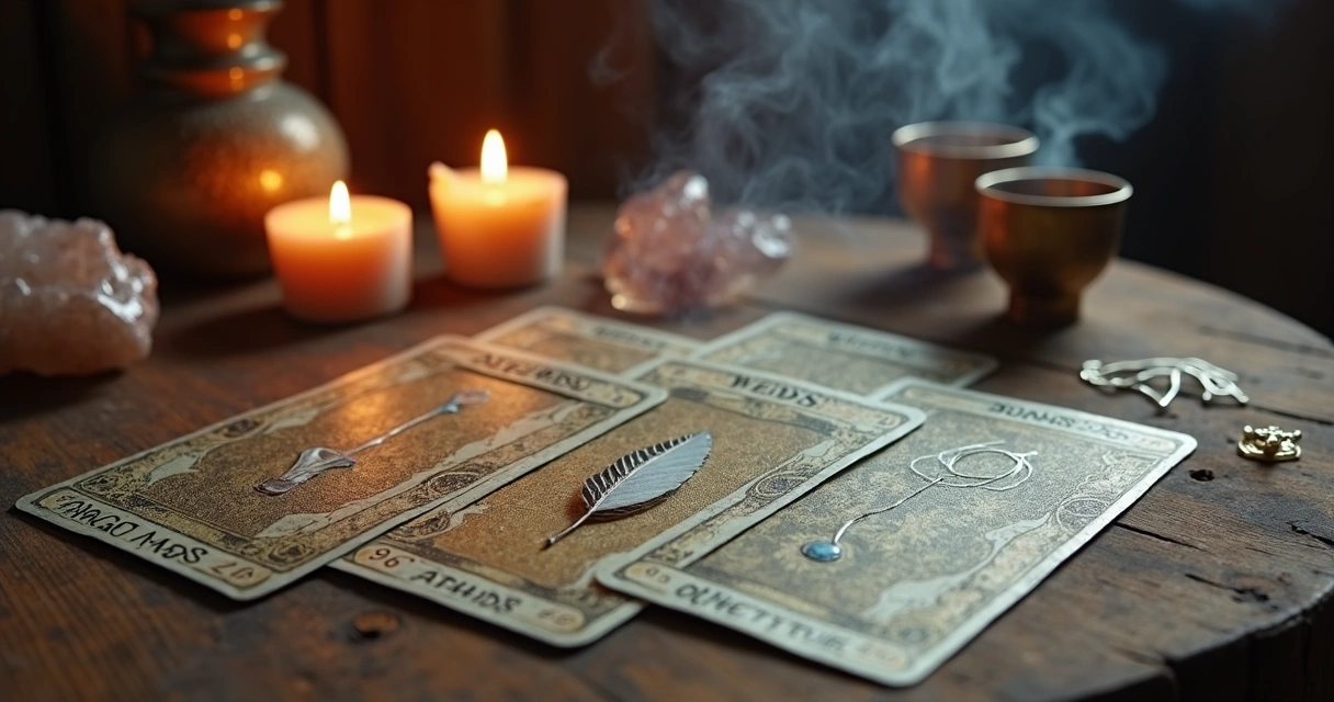 Mesa de tarot com cartas abertas mostrando copas e paus, fundo iluminado suavemente 