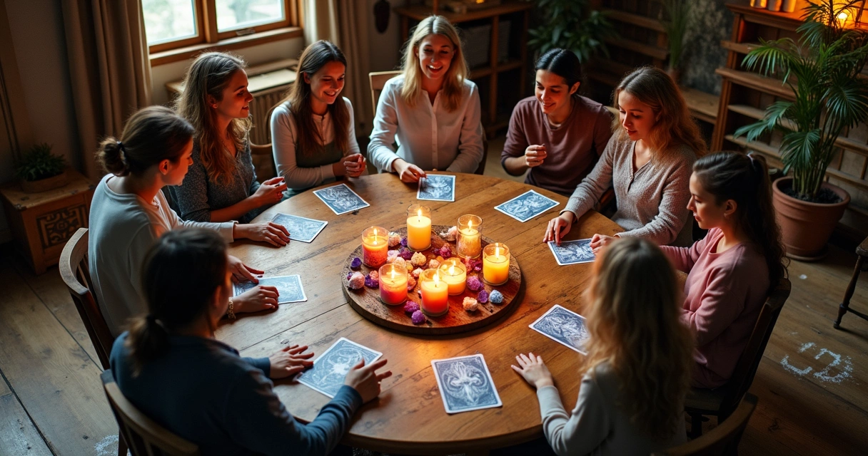 Grupo de pessoas sentados em círculo fazendo tiragem de tarot em uma mesa redonda