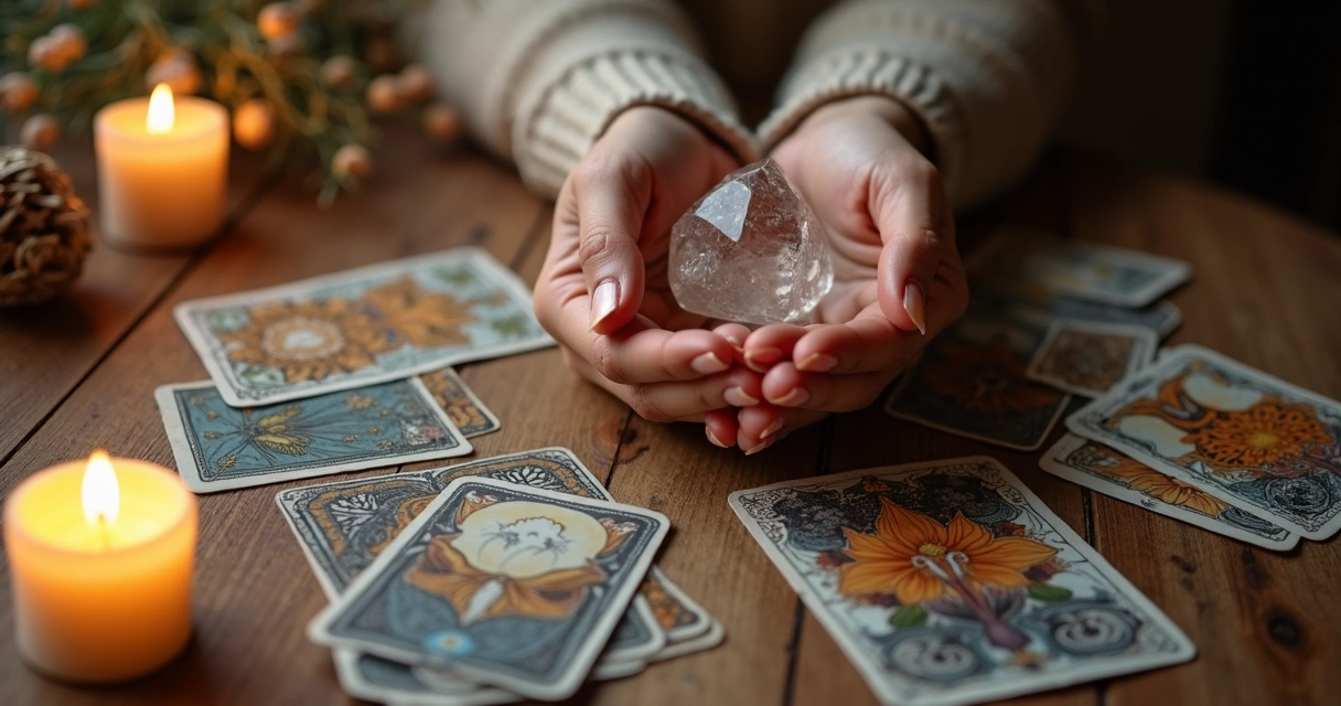 Tiragem de tarot com cartas sobre mesa e mão segurando cristal 