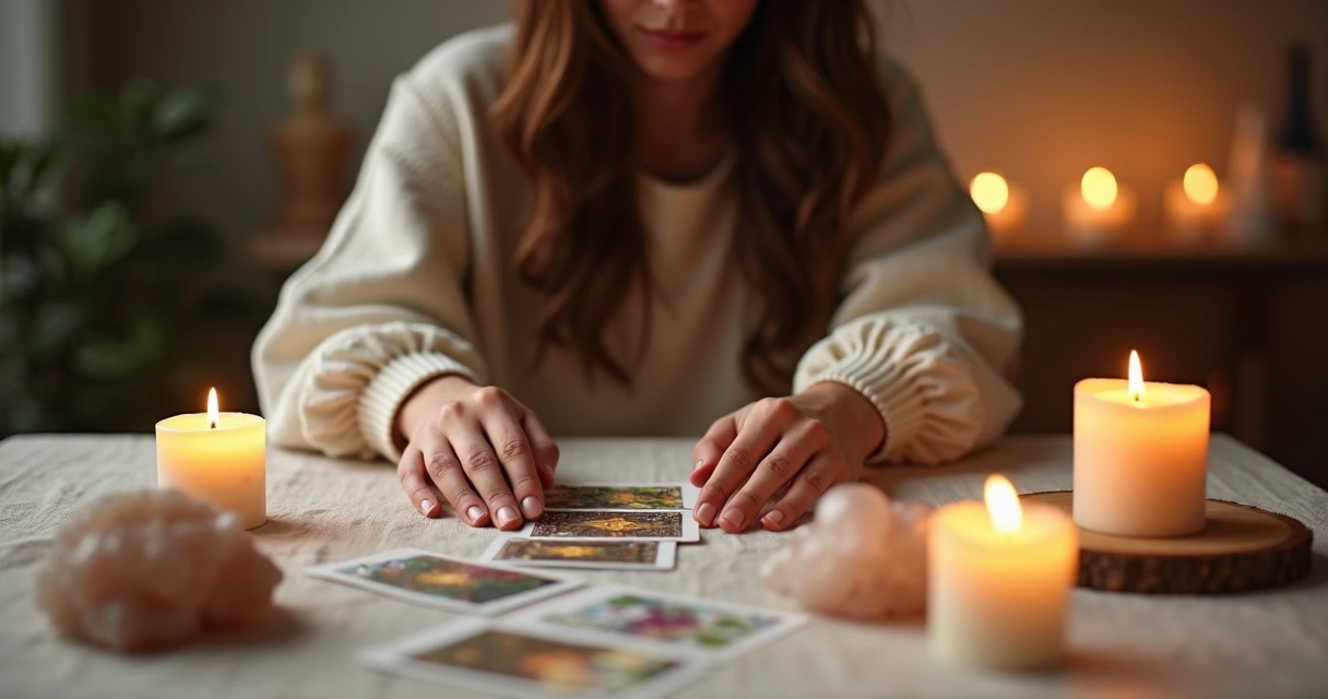 Mulher faz tiragem de cartas de tarot com vela e cristais ao redor 