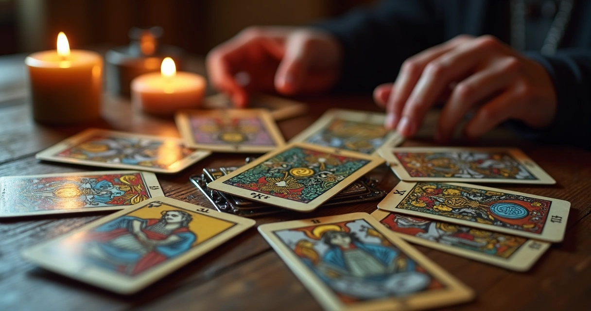 Baralho de tarot aberto sobre mesa de madeira, velas acesas ao fundo 