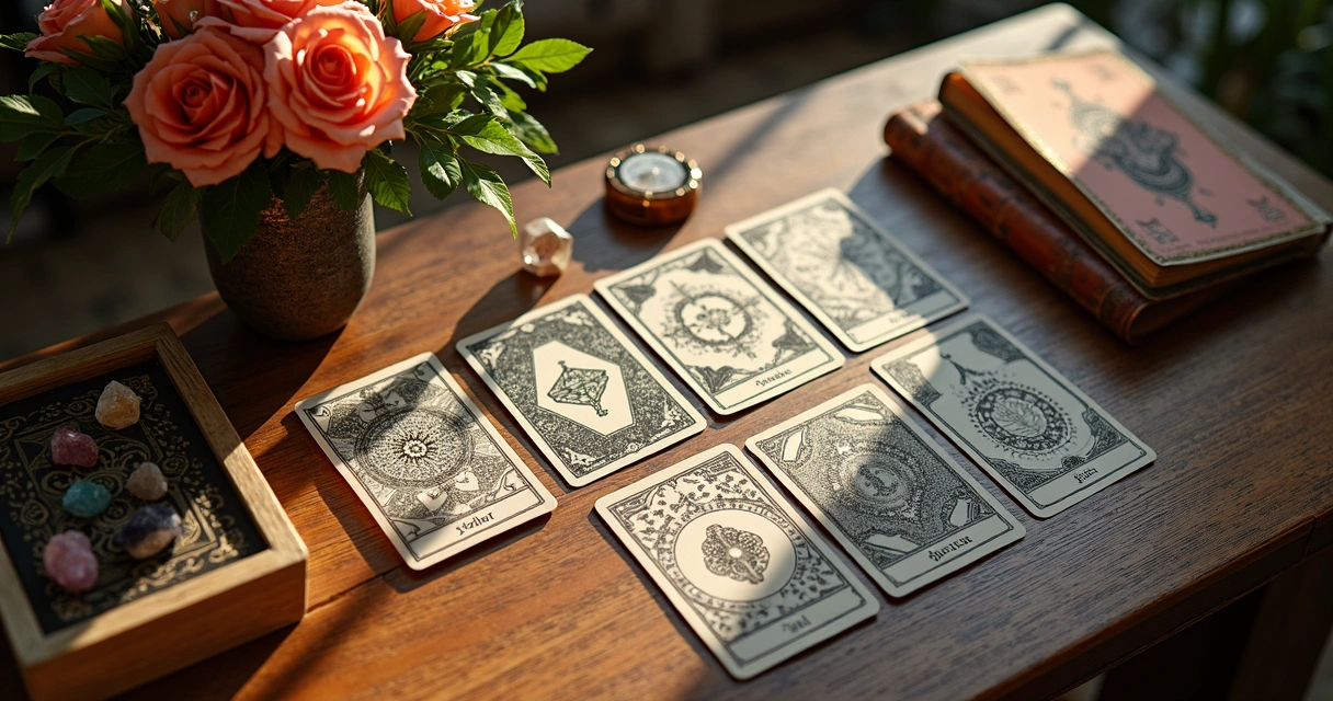 Mesa com cartas de tarot abertas e flores 