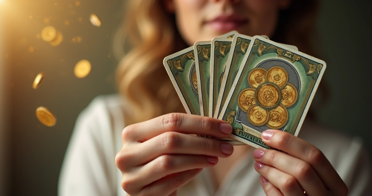 Uma mão feminina segurando cartas de tarot focadas em prosperidade. 