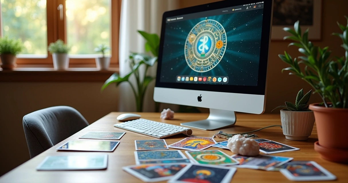 Mesa com cartas de tarô e computador, ambiente aconchegante e moderno 