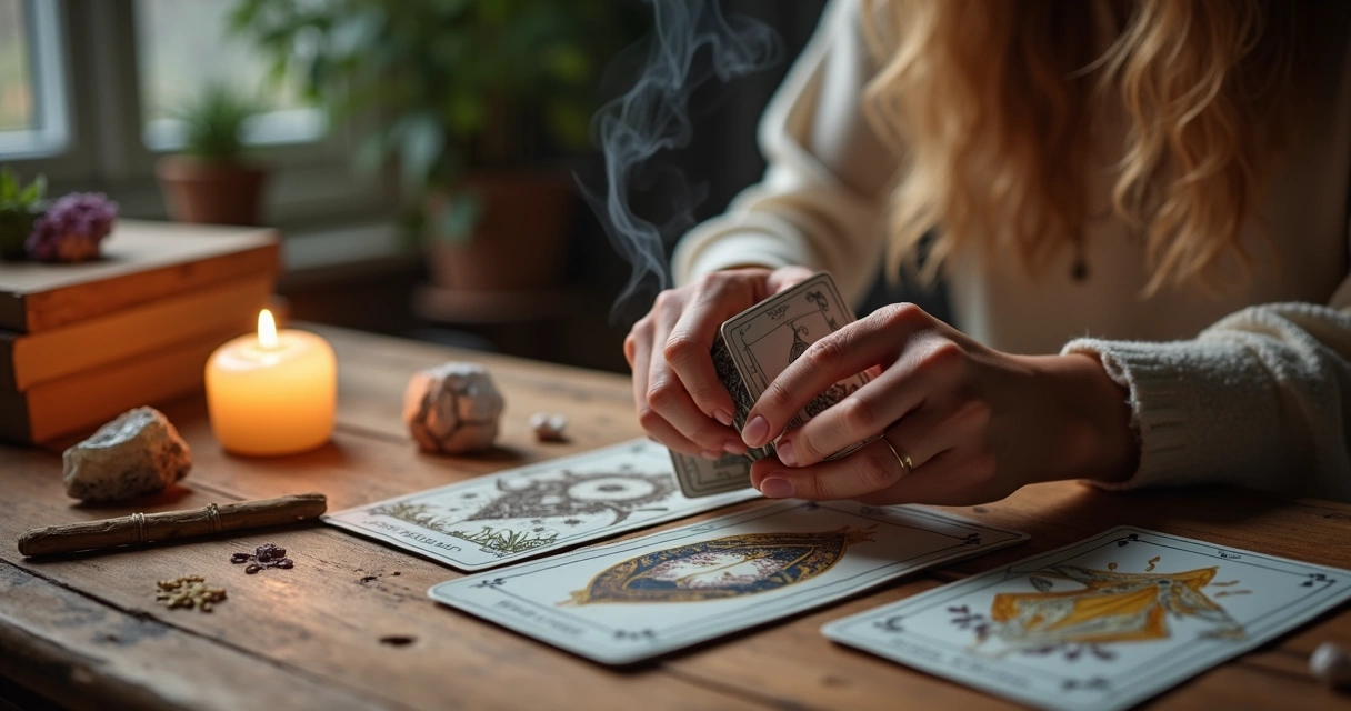 Mão feminina embaralhando cartas de tarot em ambiente espiritualizado 