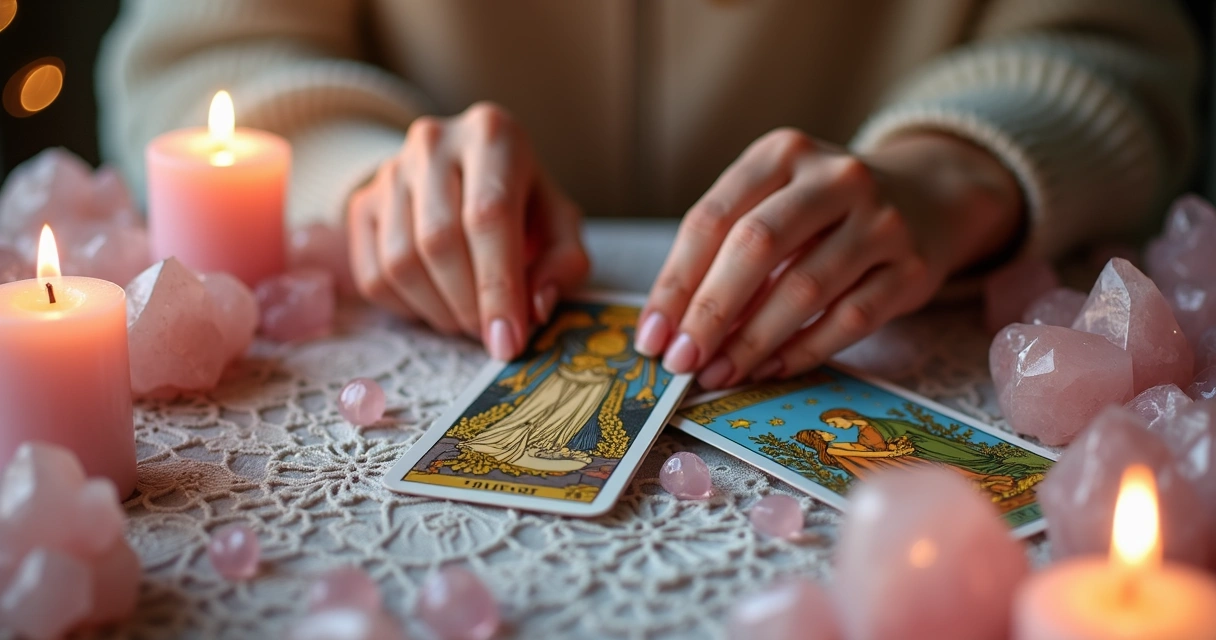 Mão feminina embaralha cartas de tarot em uma mesa decorada com cristais e velas 
