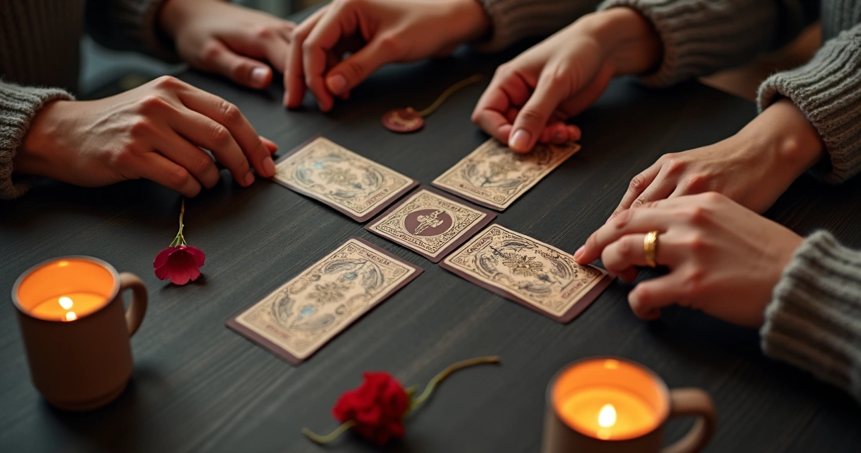Tiragem de tarot específica para casais, cartas alinhadas e mãos femininas escolhendo uma carta 