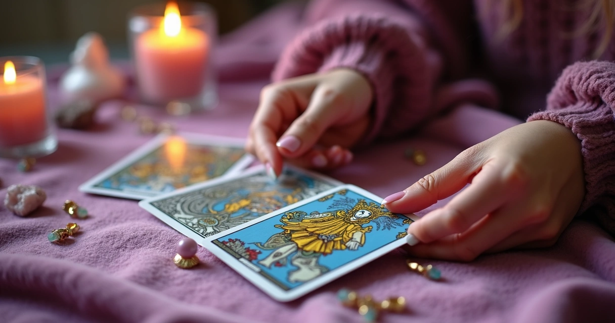 Mãos femininas embaralhando cartas de tarot em cima da mesa 