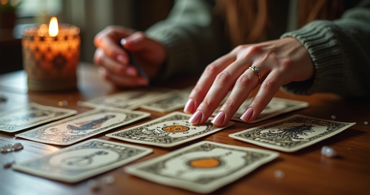 Cartas de tarot espalhadas em uma mesa de madeira clara com uma mão feminina selecionando uma carta no centro 