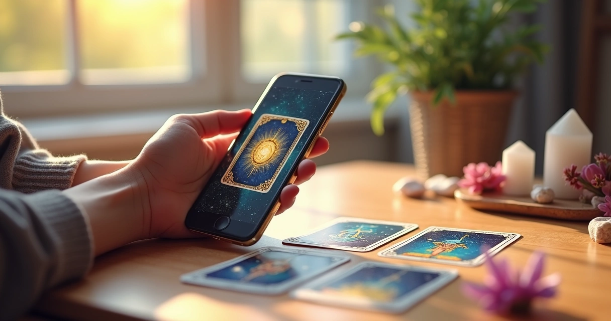 Tiragem virtual de cartas de tarot em mesa de madeira clara