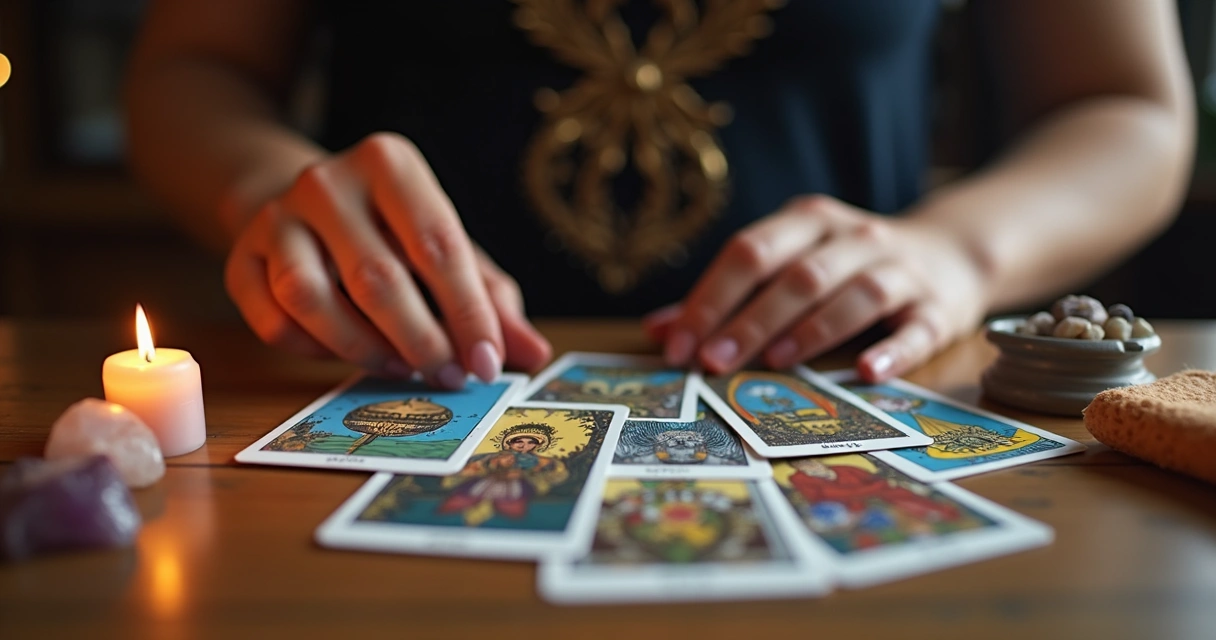Pessoa embaralha cartas de tarot em mesa 