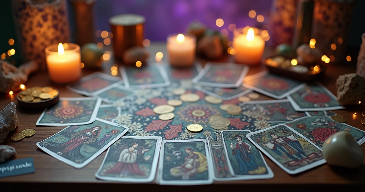 Mesa com cartas de tarot, cristais e tema de finanças 