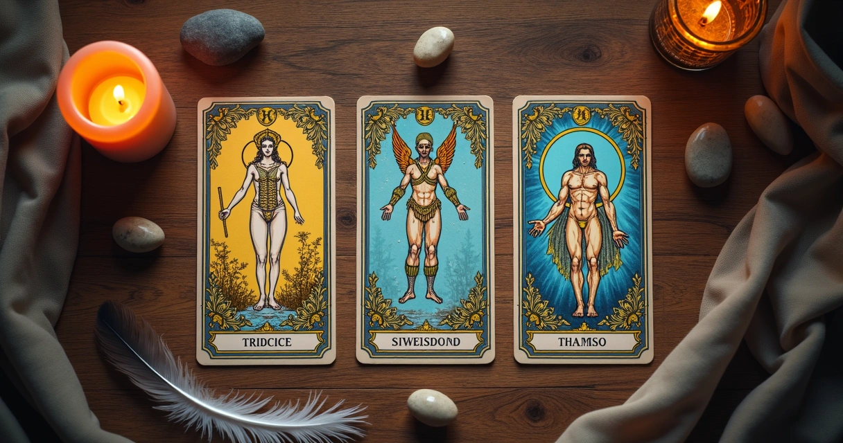 Cartas alinhadas horizontalmente em uma tiragem de três cartas. 