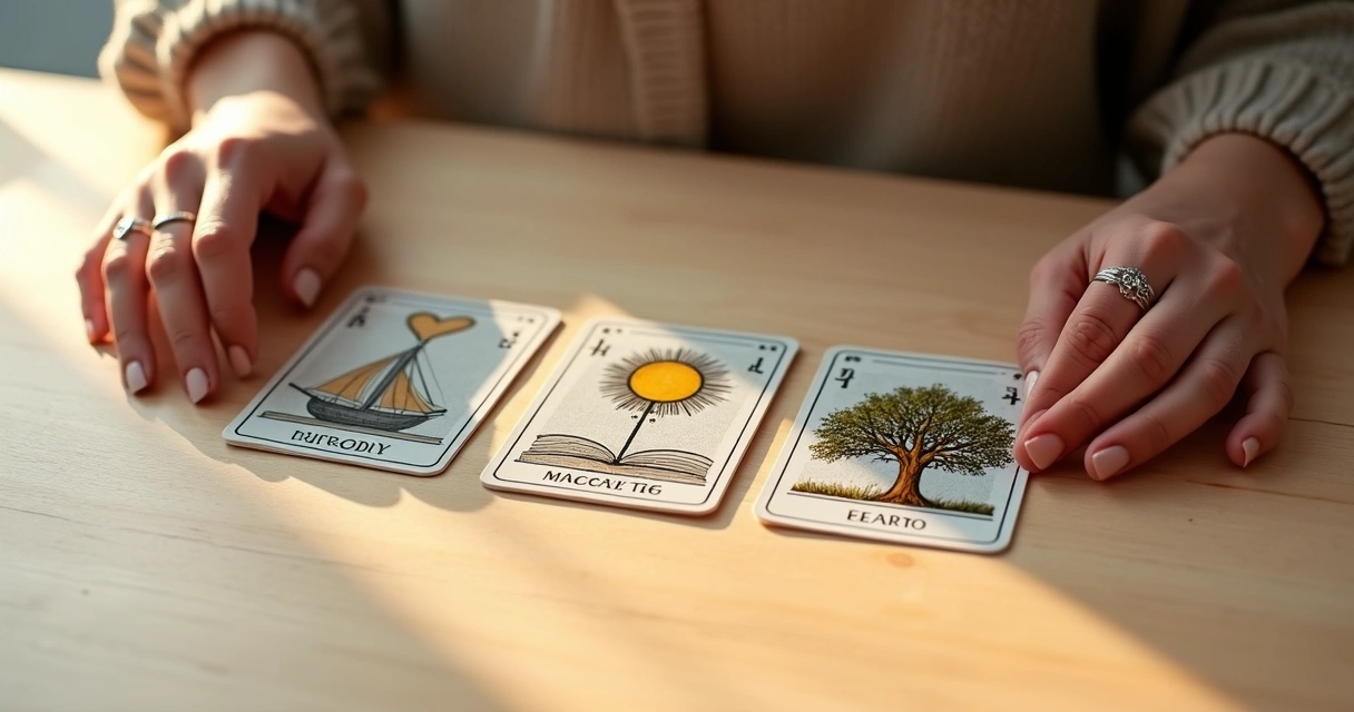 Baralho Lenormand disposto em três cartas em linha, formando uma tiragem simples 